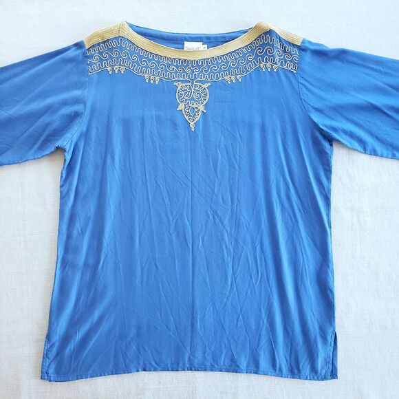 Boho Tunic Women L Blue Relaxed Top Lagenlook Peasant Hippie Coastal Embroidered - Picture 7 of 12